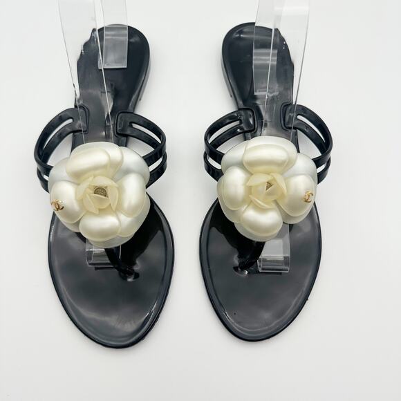 Chanel Camellia Flower Rubber PVC Thong Flip Flop Sandal Black 40 Flat Summer - Picture 10 of 10
